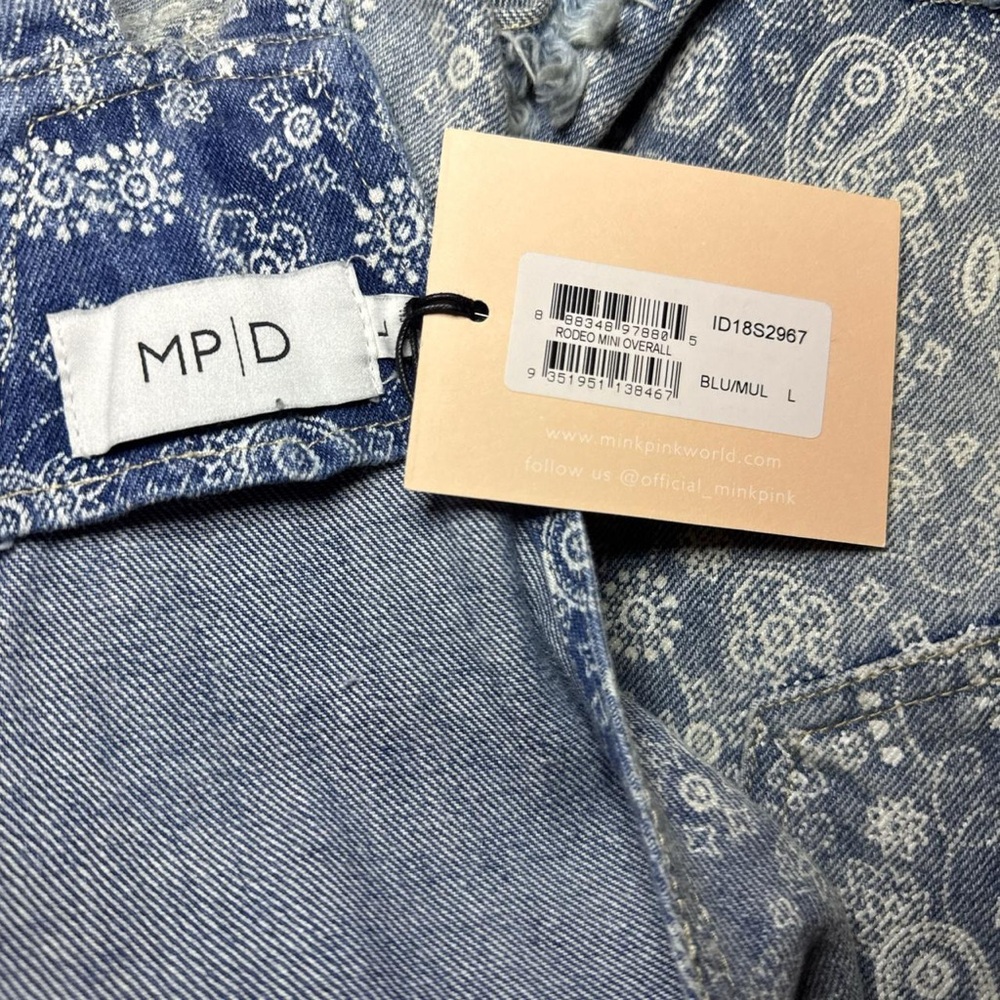 NWT MINKPINK x M|PD Distressed Paisley Print Denim Rodeo Mini Overalls — LARGE - Picture 2 of 7